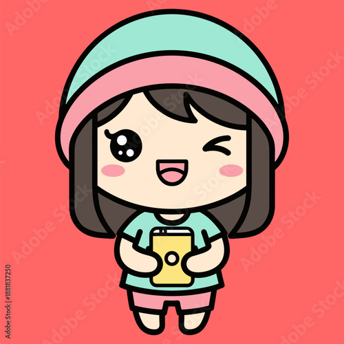 Cute girl with phone isolated on transparent background