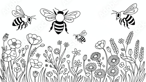 black and white illustration of bees flying over flowers