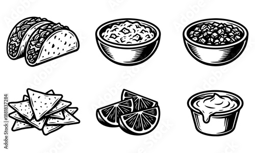 Vintage Mexican Food Icons Set: Tacos, Guacamole, Salsa, and Chips