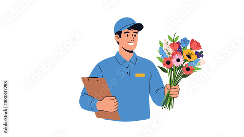 Polite professional delivery man in blue uniform holds beautiful flower bouquet and clipboard for customer.