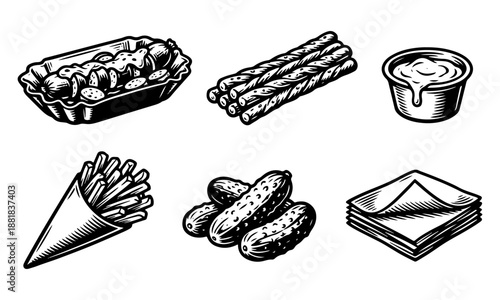 Engraving Style Collection of Classic Fast Food Snacks: Hot Dog, Fries, Pickles