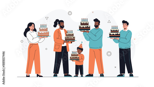 Diverse group of happy people and a child celebrate together by holding tiered birthday cakes with candles.