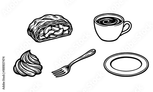 Hand Drawn Dessert and Coffee Set Vector Illustration in Vintage Engraving Style
