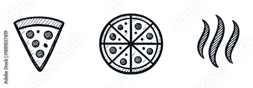 Hand-drawn pizza slice and whole pizza with steam on dark background