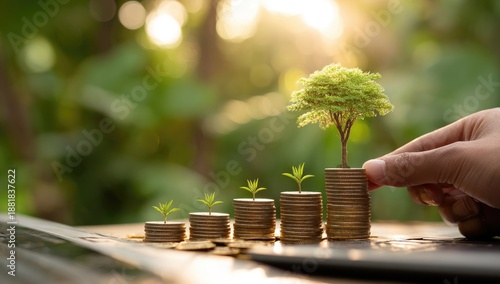 Person adding a tree to a stack of coins representing financial growth