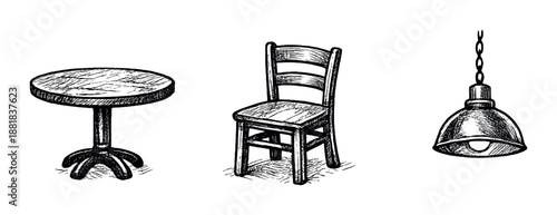Sketch of rustic wooden table, chair, and hanging light fixture on dark background