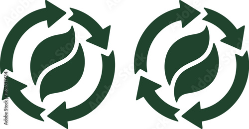 Two identical green recycling symbols with leaf in the center for eco-friendly