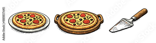 Pepperoni pizza selection with cutter: ceramic vs wooden tray comparison