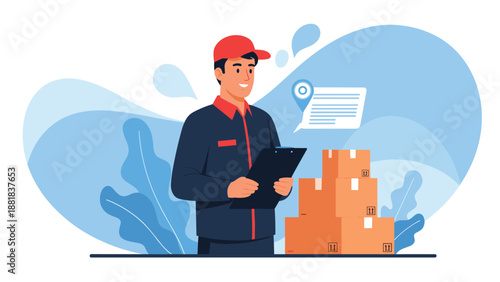 Focused professional courier in uniform checks delivery details on clipboard next to stack of cardboard boxes.