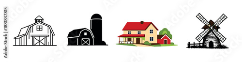 Colorful farmhouse surrounded by silhouettes of barns and windmill