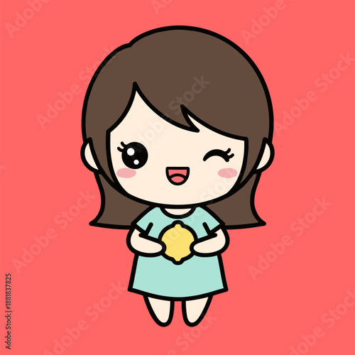Cute cartoon girl holding flower, isolated on transparent background