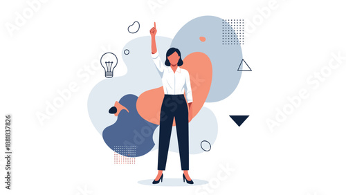 Inspired young woman points up with one finger next to lightbulb icon representing a new creative idea.