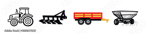 Colorful farming equipment icons: tractor, plow, trailer, spreader