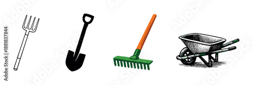 Gardening tools fork rake wheelbarrow set with colorful lighting effects