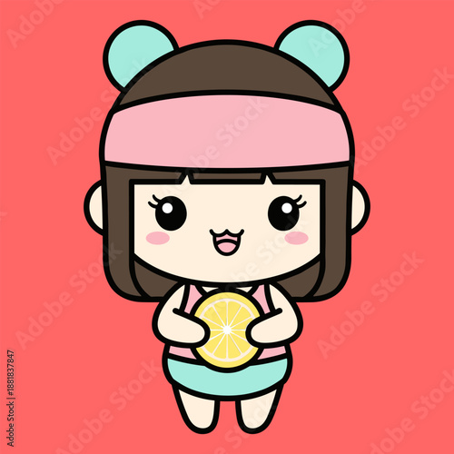 Cute cartoon girl holding lemon, isolated on transparent background