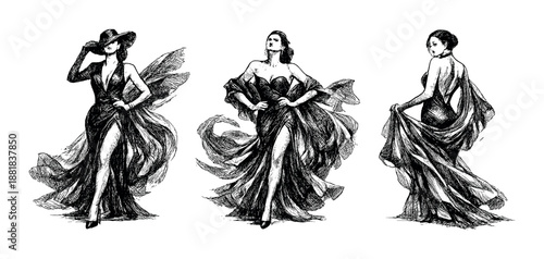 Elegant female fashion sketches in flowing dresses and dramatic poses