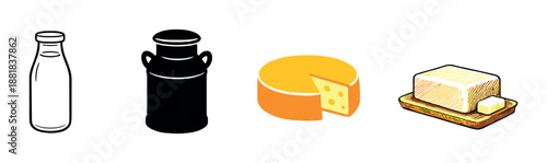 Dairy products spotlight: milk, cream, cheese, and butter on gradient background