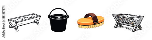 Equestrian equipment array: saddles, buckets, brushes, and troughs on dark background