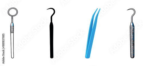 Set of dental tools with glowing tweezers on gray background