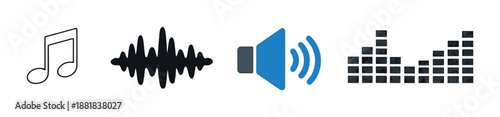 Audio icon set with music note, waveform, volume, and equalizer symbols
