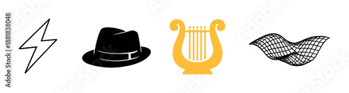 Glowing lyre with icons of lightning, hat, and wave on dark background