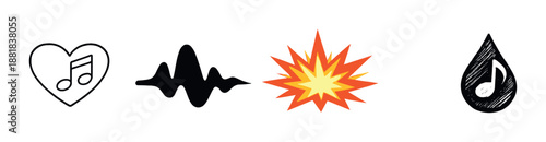 Abstract sound and emotion icons on black background with burst of light