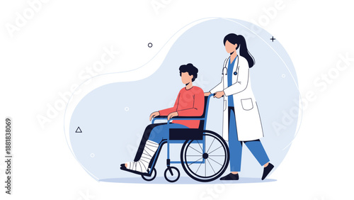 Dedicated female nurse pushes patient in wheelchair who has leg in cast during hospital rehabilitation.