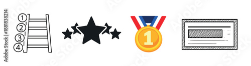 Achievement symbols: ranking, stars, medal, trophy icon set