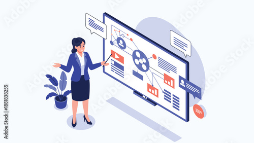 Expert professional woman uses pointer to explain complex data network on a large digital screen in an office.
