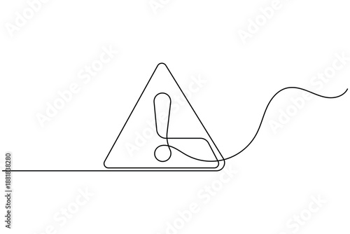 Continuous line art drawing of warning sign with exclamation mark icon