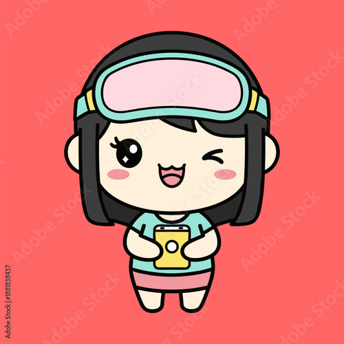Cute girl wearing vr headset isolated on transparent background