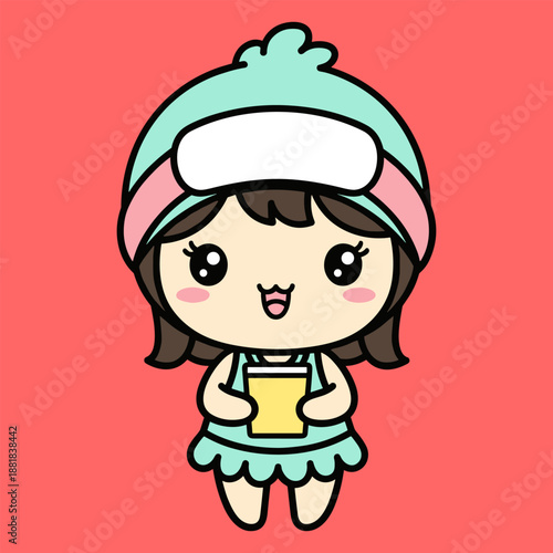Cute cartoon girl with ice cream hat isolated on transparent background
