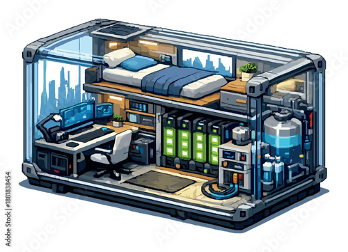 Futuristic tech capsule room with high-tech desk and bunk bed