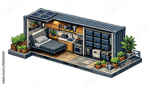 Modern tiny home in shipping container with solar panels and plants