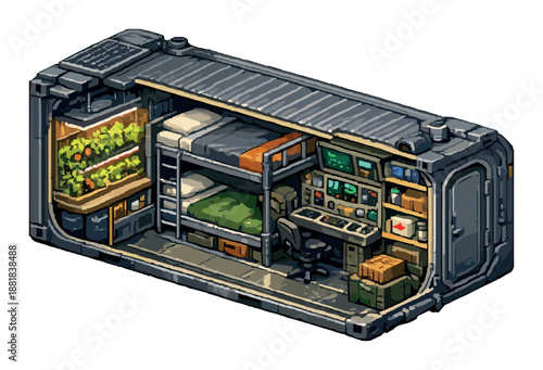 Isometric pixel art: futuristic bunker interior with bunk beds and control station