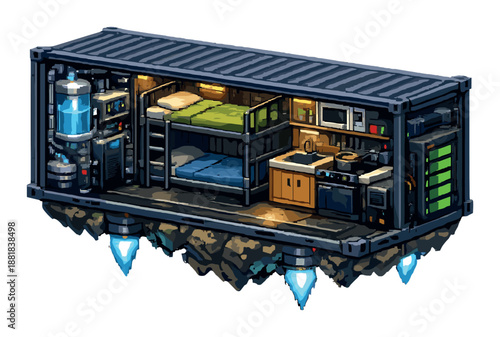 Futuristic floating container home with bunk beds and kitchen