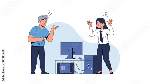 Frustrated man and woman having a stressful argument in front of a desktop computer reflecting technical issues or workplace conflict.