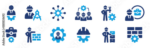 Engineering construction and building process with worker and gear