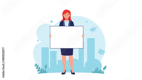 Serious professional woman in a dark business suit holds a large blank white horizontal banner for custom text or advertisement.