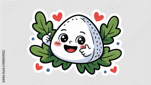 Cartoon avocado character with green leaves and red hearts smiling