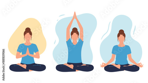 Young woman performs three different yoga and meditation poses in a sequence against a soft blue and yellow background.