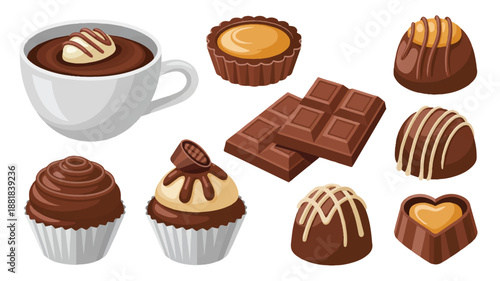 Chocolate desserts and coffee cup on white background