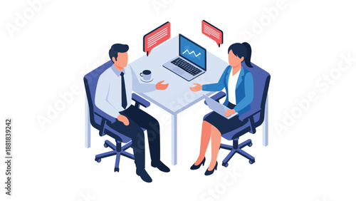 Man and woman in professional attire have a business meeting at a desk with a laptop and speech bubbles above them.