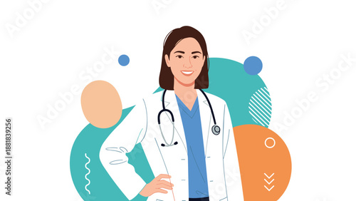 Professional female doctor in a white lab coat with a stethoscope around her neck stands confidently against an abstract background.