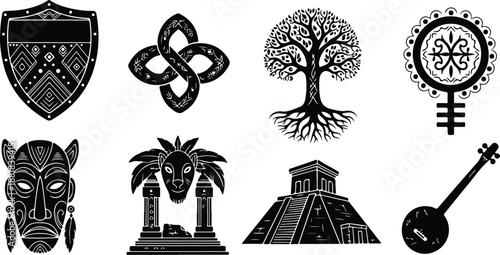 Collection of symbolic icons and cultural heritage illustrations
