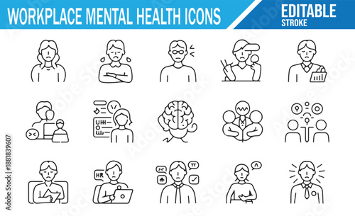 Editable stroke icons for mental health awareness in the workplace.
