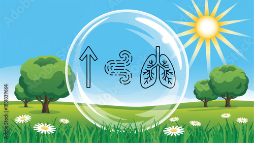 clean air bubble with lungs and trachea in a green meadow with trees and sun