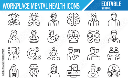 Mental health support, therapy, and counseling icons for business.