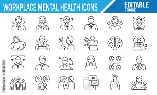 Corporate employee well-being and stress management icons.