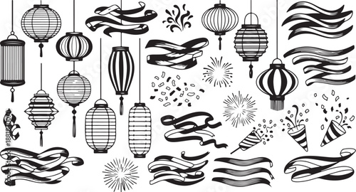 Black and white lanterns and fireworks illustrations set